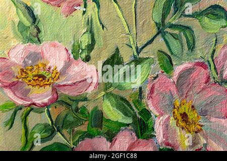 Close of fragment of oil painting depicting still life of flowers in vase. Macro impasto painting. Stock Photo