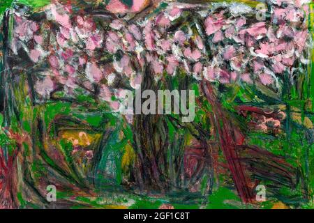 Abstract oil painting landscape on canvas. Semi- abstract of trees in forest. Spring or summer season nature background. Hand painted impressionist st Stock Photo