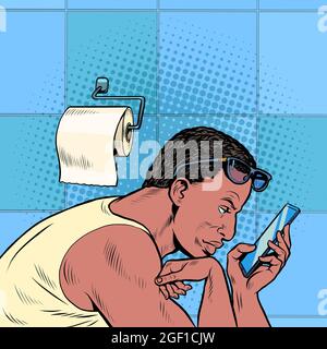 a black man looks at the phone in the toilet. Morning reading of work mail. Businessman daily routine Stock Vector