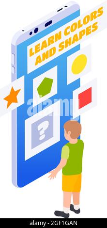 Isometric distant kindergarten with boy learning shapes and colors on smartphone isometric vector illustration Stock Vector