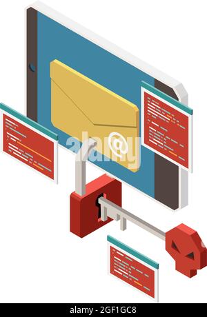 Isometric digital crime icon with smartphone email key and lock 3d vector illustration Stock Vector