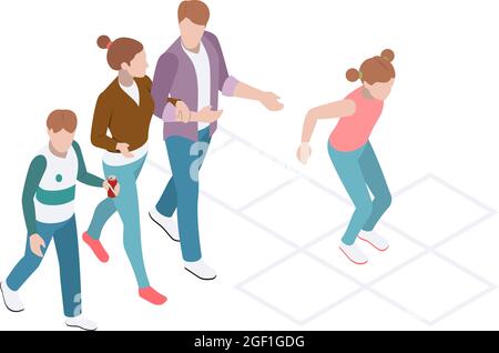 Isometric composition with walking family and girl playing hopscotch vector illustration Stock Vector