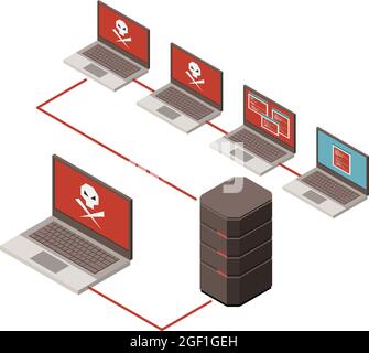 Hacking isometric icon with infected server and laptops 3d vector illustration Stock Vector