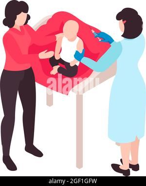Isometric vaccination color composition with characters of doctor vaccinating baby with mother vector illustration Stock Vector