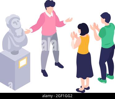 Isometric icon with art gallery curator and two applauding visitors vector illustration Stock Vector
