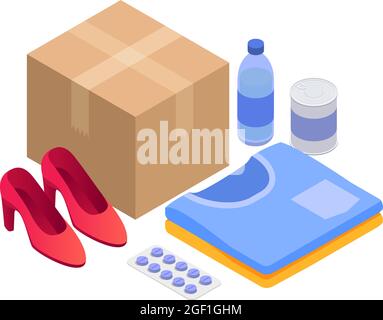 Delivery service isometric icon with cardboard box and various goods 3d vector illustration Stock Vector