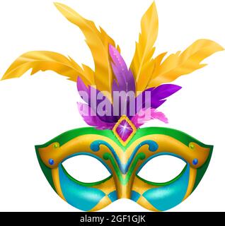 Realistic carvinal mask composition with isolated image of masquerade mask with bright colors and feathers vector illustration Stock Vector