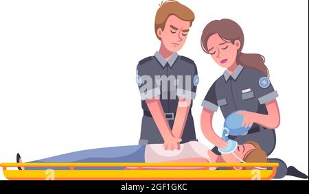 Cartoon icon with paramedic putting oxygen mask on injured woman face vector illustration Stock Vector