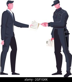 Man giving papers to guard in uniform with baton flat vector illustration Stock Vector