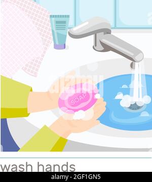 Human washing hands with soap in sink flat composition vector illustration Stock Vector