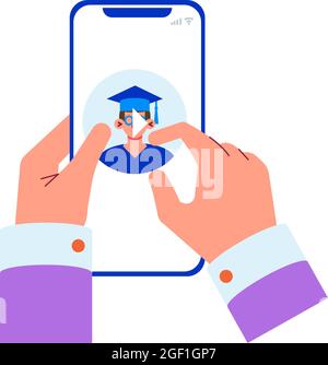 Online education flat concept with human hands pressing play button on video vector illustration Stock Vector