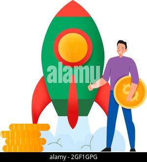 Crowdfunding composition with flat icons of launching rocket with man holding dollar coin vector illustration Stock Vector