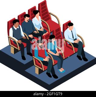 Cinema hall icon with isometric characters on their seats vector illustration Stock Vector