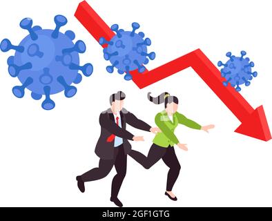 Global financial crisis isometric concept with people running in panic coronavirus bacteria and falling arrow vector illustration Stock Vector