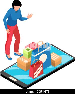 Online store isometric icon with woman character shopping bags and boxes on smartphone screen vector illustration Stock Vector