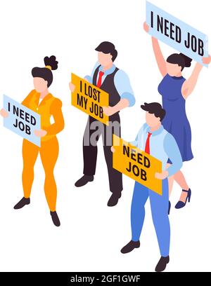 Isometric financial crisis icon with unemployed people holding posters 3d vector illustration Stock Vector