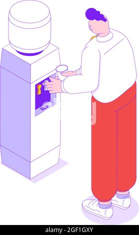 Isometric icon with office worker drinking water from cooler 3d vector illustration Stock Vector
