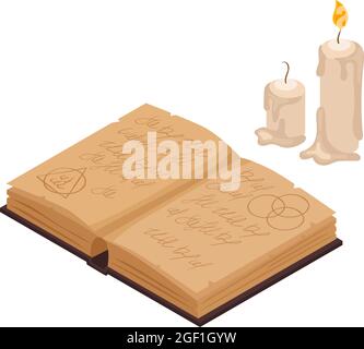 Old magic book and two wax candles isometric isolated vector illustration Stock Vector