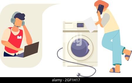 Woman with washing machine instruction calling technical support of appliance store flat vector illustration Stock Vector