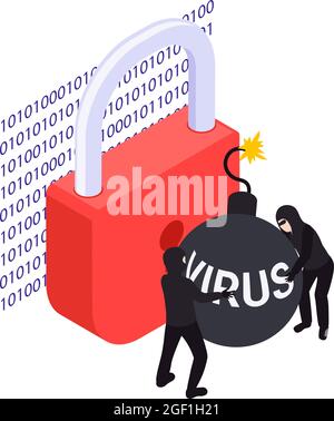Data protection concept with two hackers trying to explode lock with virus bomb isometric vector illustration Stock Vector