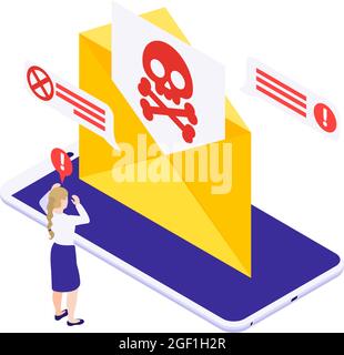 Data protection concept with panicking woman getting spam message on smartphone isometric vector illustration Stock Vector