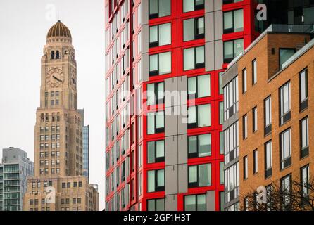 Williamsburg bank building with Barclays center and new housing in downtown Brooklyn NYC Stock Photo
