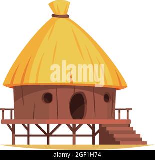 Cartoon wooden hut with straw roof on white background vector illustration Stock Vector