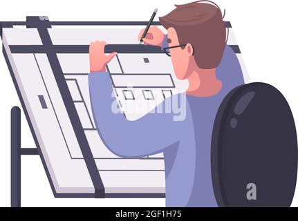 Male architect drawing house plan cartoon vector illustration Stock Vector