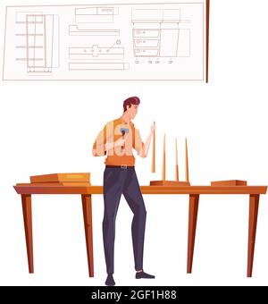 Furniture maker making wooden stool in his workshop flat vector illustration Stock Vector