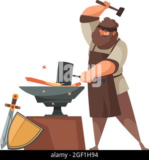 Medieval blacksmith making swords and shields on anvil cartoon vector illustration Stock Vector