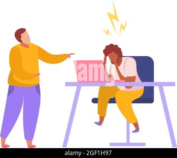 Discrimination flat composition with white boss crying on african american employee vector illustration Stock Vector