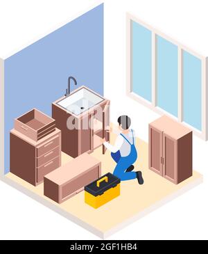 Renovation repair works isometric composition with character of handyman assembling furniture in kitchen vector illustration Stock Vector