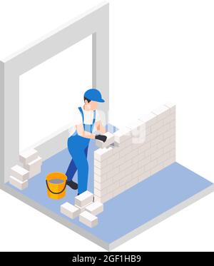 Renovation repair works isometric composition with worker laying bricks for new wall vector illustration Stock Vector