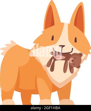 Small puppy holding toy bear in his teeth cartoon vector illustration Stock Vector