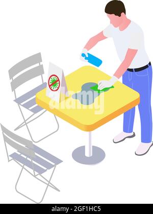Waiter in protective gloves sanitizing cafe table isometric icon 3d vector illlustration Stock Vector