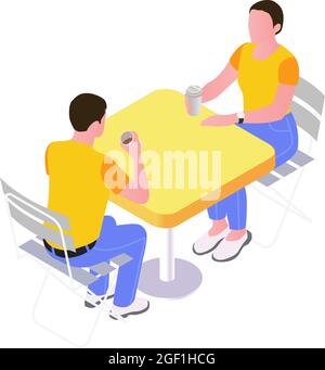 Two people drinking coffee from plastic glasses at outdoor cafe table isometric vector illustration Stock Vector