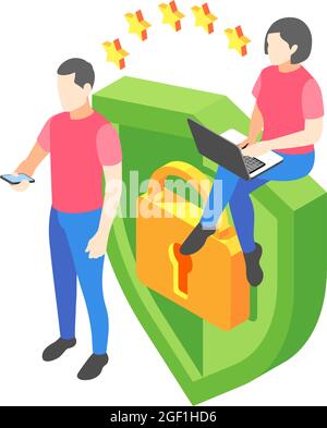 Isometric personal data protection icon with shield lock characters 3d vector illustration Stock Vector
