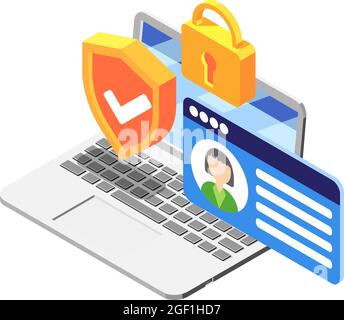 Protected personal data on laptop isometric icon with colorful elements on white background vector illustration Stock Vector