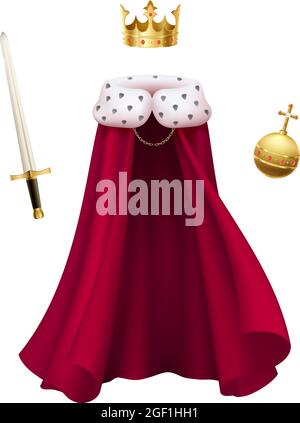 Realistic composition with red king cloak crown sword and orb isolated on white background vector illustration Stock Vector