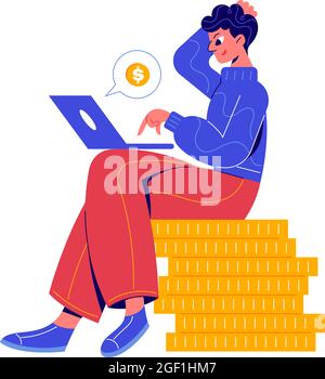 Crowdfunding composition with doodle character sitting on stack of coins with laptop vector illustration Stock Vector