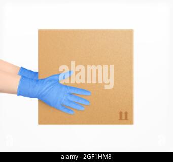 Safe delivery realistic composition with human hands in blue protective gloves holding packaging box vector illustration Stock Vector