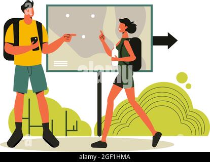 Hiking composition with doodle characters of man and woman in front of public park map vector illustration Stock Vector