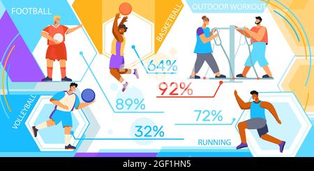 Sports stadium infographics with flat shapes percentage captions doodle characters of athletes and people working out vector illustration Stock Vector