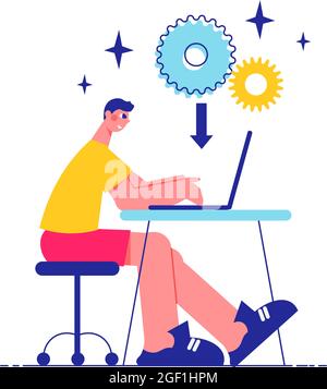 Brainstorm team work composition with side view of man working at table with laptop and gear icons with arrow vector illustration Stock Vector