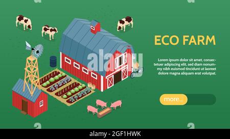 Ecological organic farming online eco farm isometric website banner with barn windmill livestock vegetables background vector illustration Stock Vector