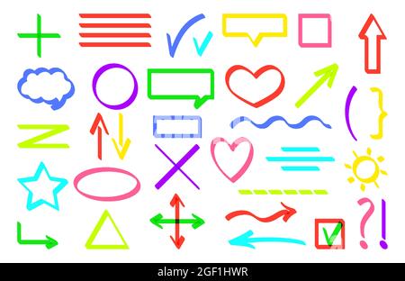 Text marker lines underline strokes set isolated on white. For highlighting marking and coloring important details. Flat style multicolor scrawls. Check marks, underlines, arrows. Vector illustration Stock Vector