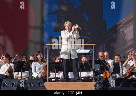 NEW YORK, NY - AUGUST 21: New York Philharmonic perform during 'We Love NYC: The Homecoming Concert' at the Great Lawn in Central Park on August 21, 2021 in New York City. Stock Photo