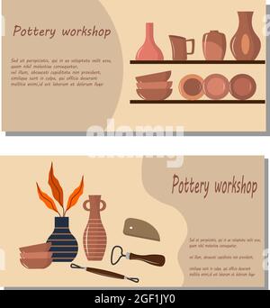 Flyer for a pottery workshop. Vector illustration on a colored background with text. Stock Vector