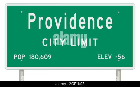 Rendering of a green Rhode Island highway sign with city information Stock Photo