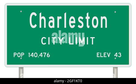 Rendering of a green South Carolina highway sign with city information Stock Photo